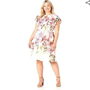 Gabby Skye Floral Print Midi Dress Ruffle Sleeve Keyhole Neckline Party Elegant